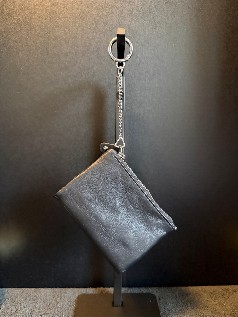 Minimalist Black Leather Zip Pouch with Chain Keyring